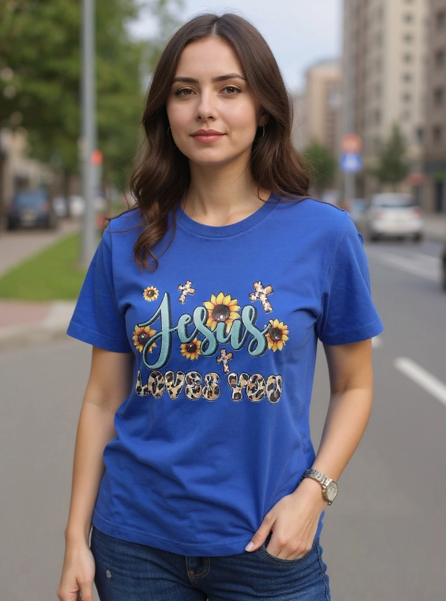 Size L 100% cotton blue Jesus loves you Tshirt