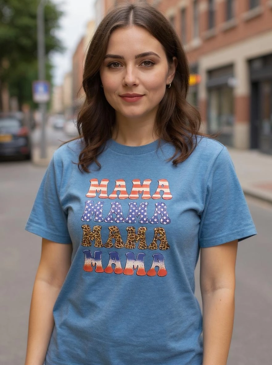 Size L 50% cotton 50%polyester blue Mama,Mama,Mama, Mama Tshirt