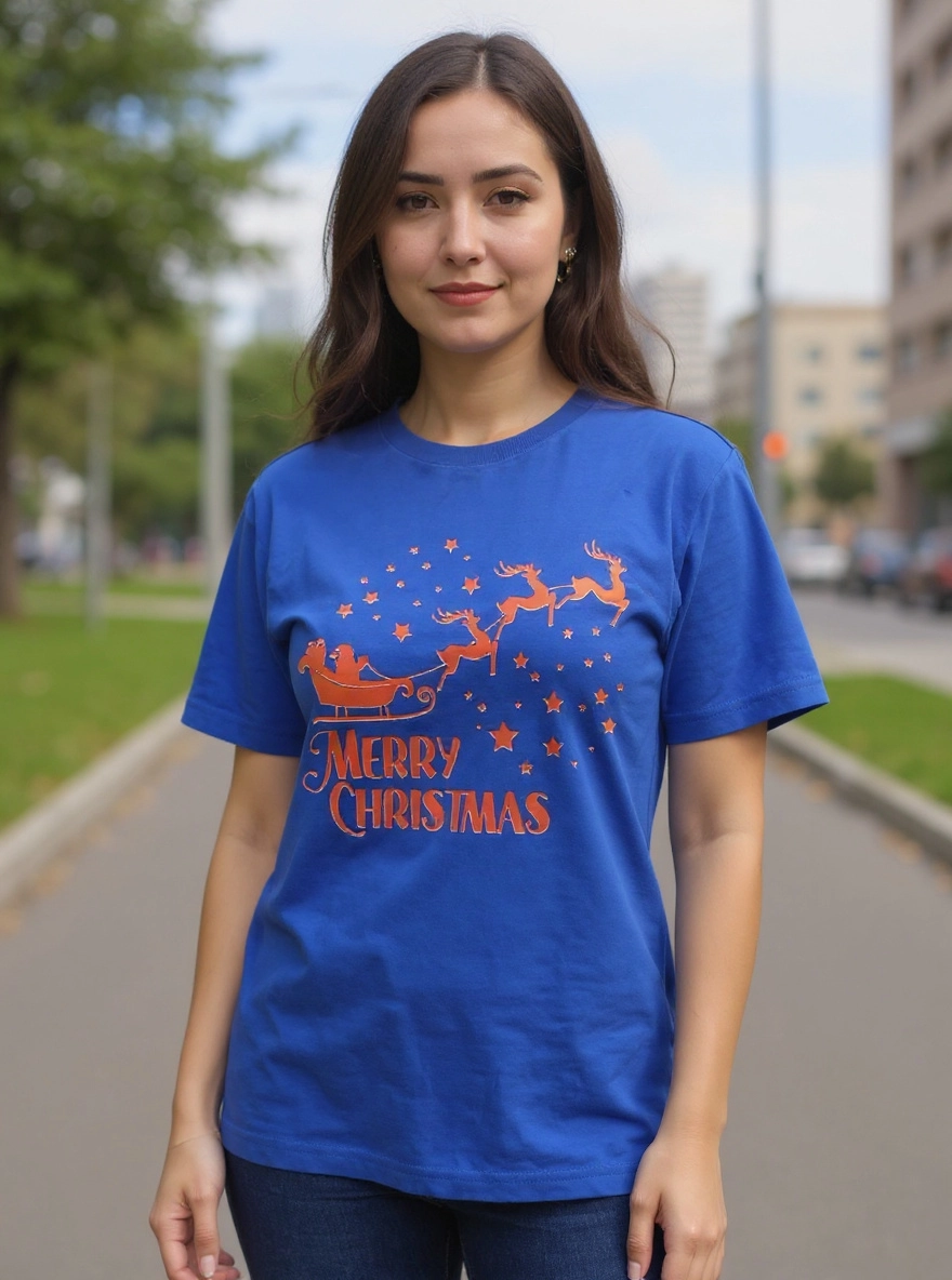Size XL 100% cotton blue Santa and Reindeers Tshirt