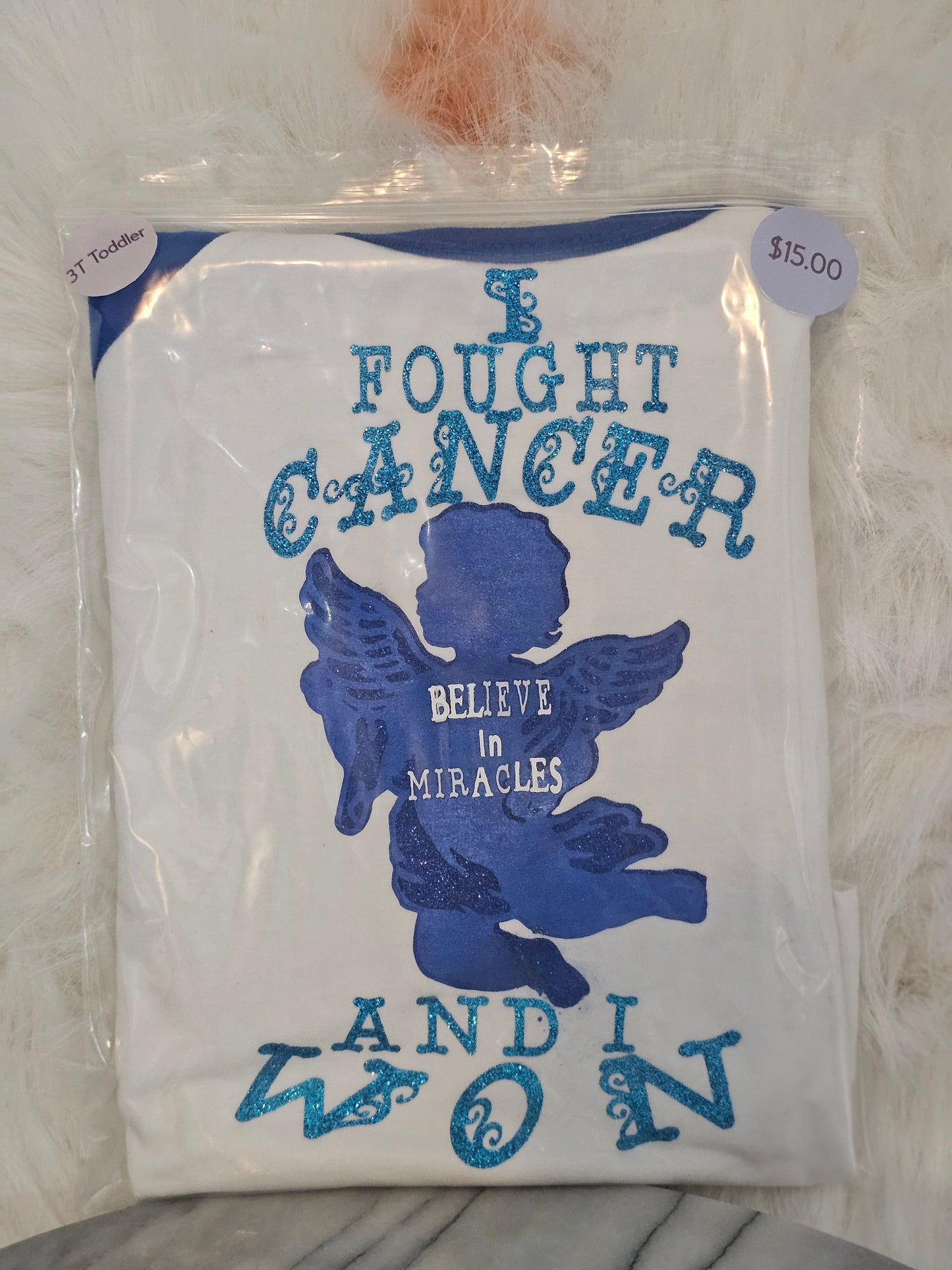 Size 3T 100% cotton blue & white cotton I fought cancer and I won Tshirt