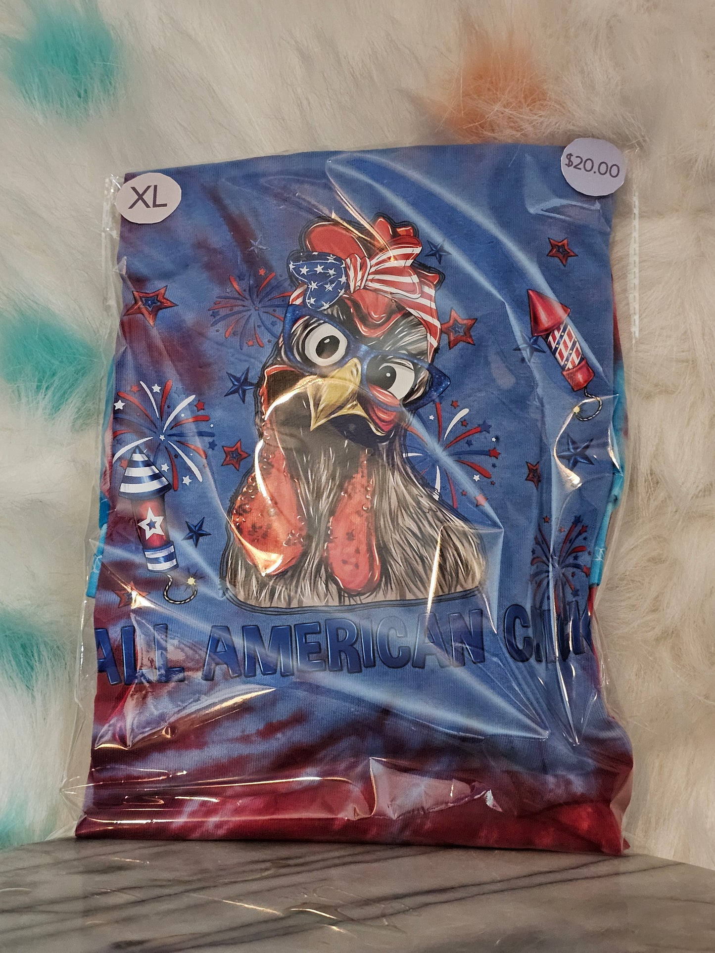 Size XL 100% cotton blue & red tye dye All America chick Tshirt