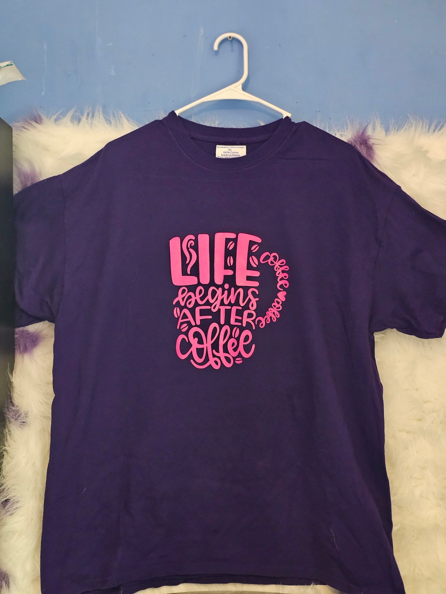 Size XL 100% cotton Purple Life begins after coffee Tshirt