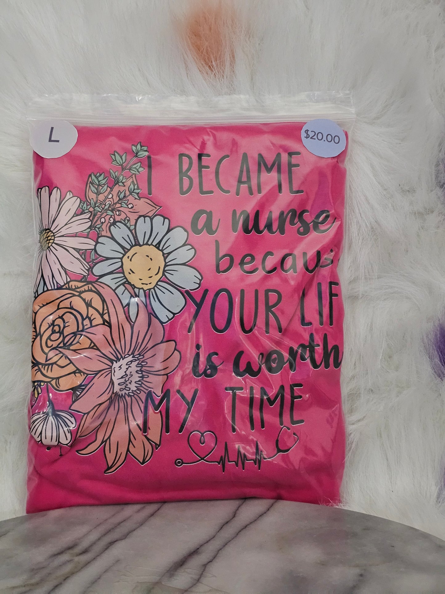 Size L 100% cotton I became a nurse because your life is worth my time Tshirt
