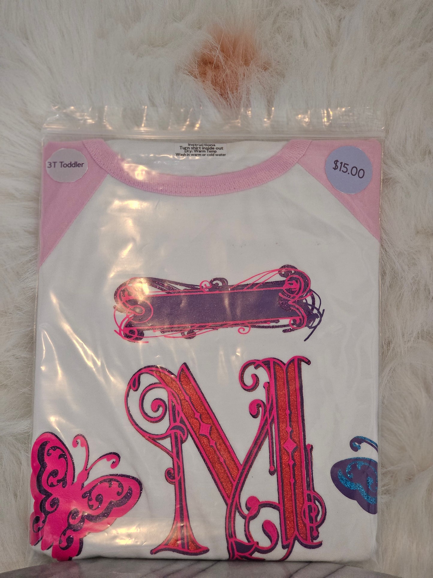 Size 3T 100% cotton White &Pink Toddlers personalized shirt name starting with M