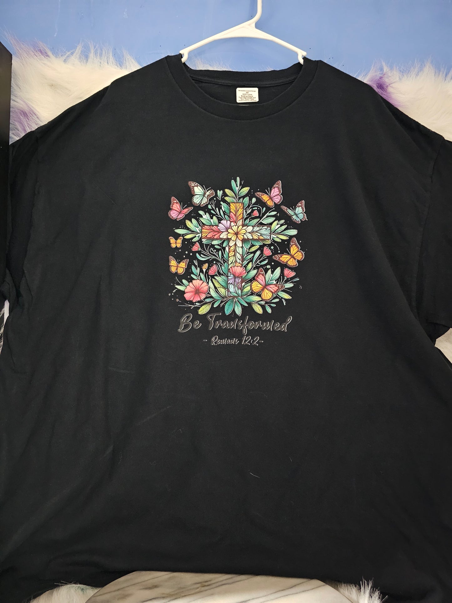 Size 3x 100% cotton Black shirt with cross and flowers