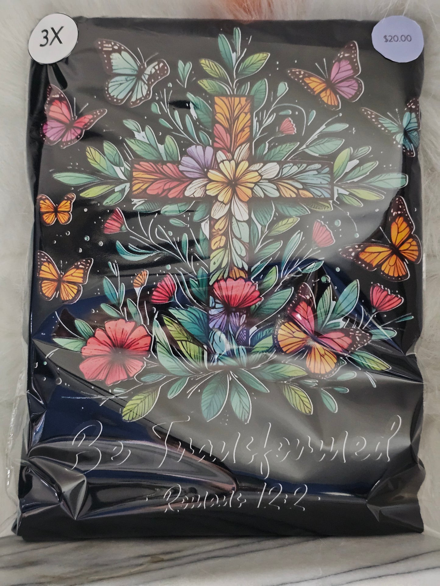 Size 3x 100% cotton Black shirt with cross and flowers