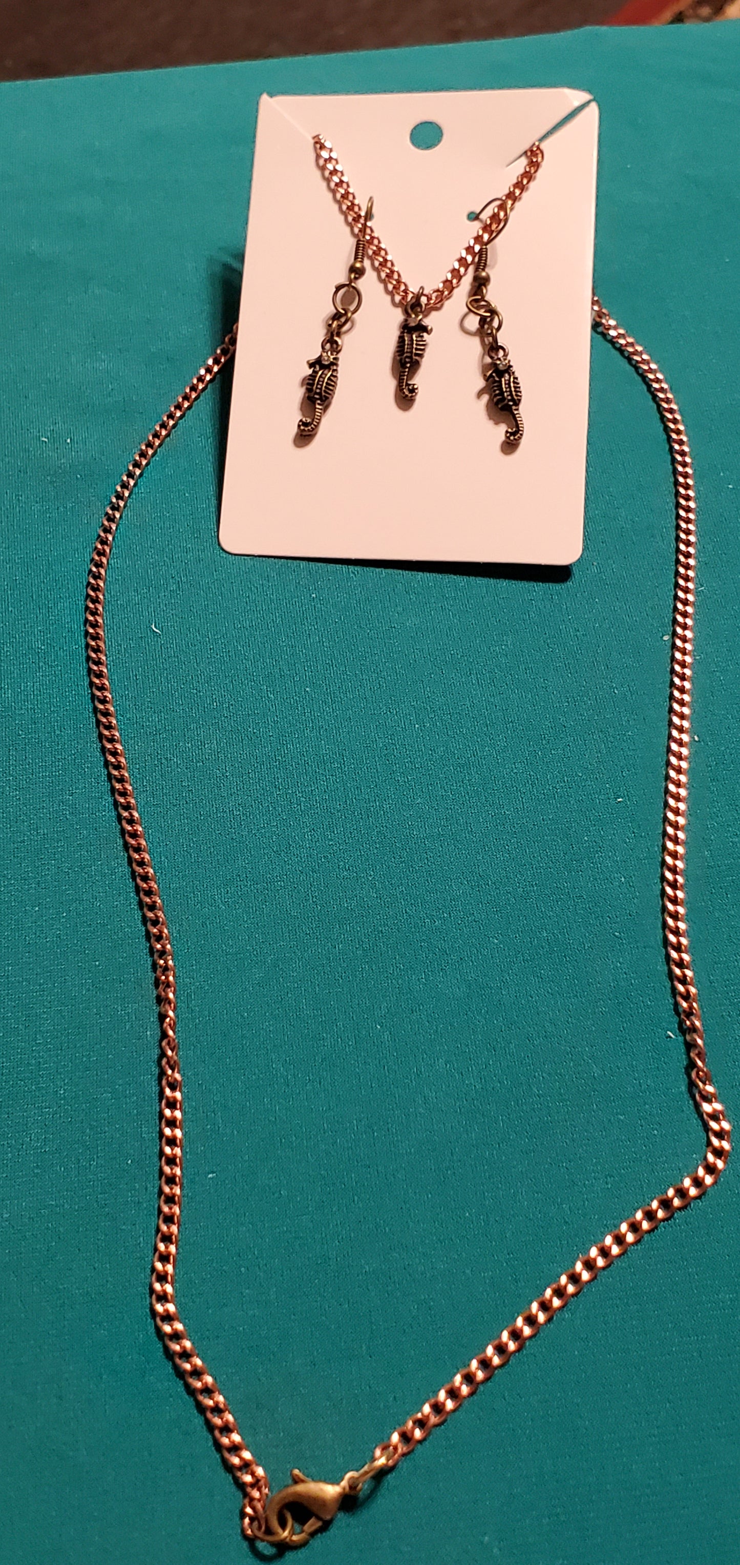 Bronze plated sea horse necklace and earrings