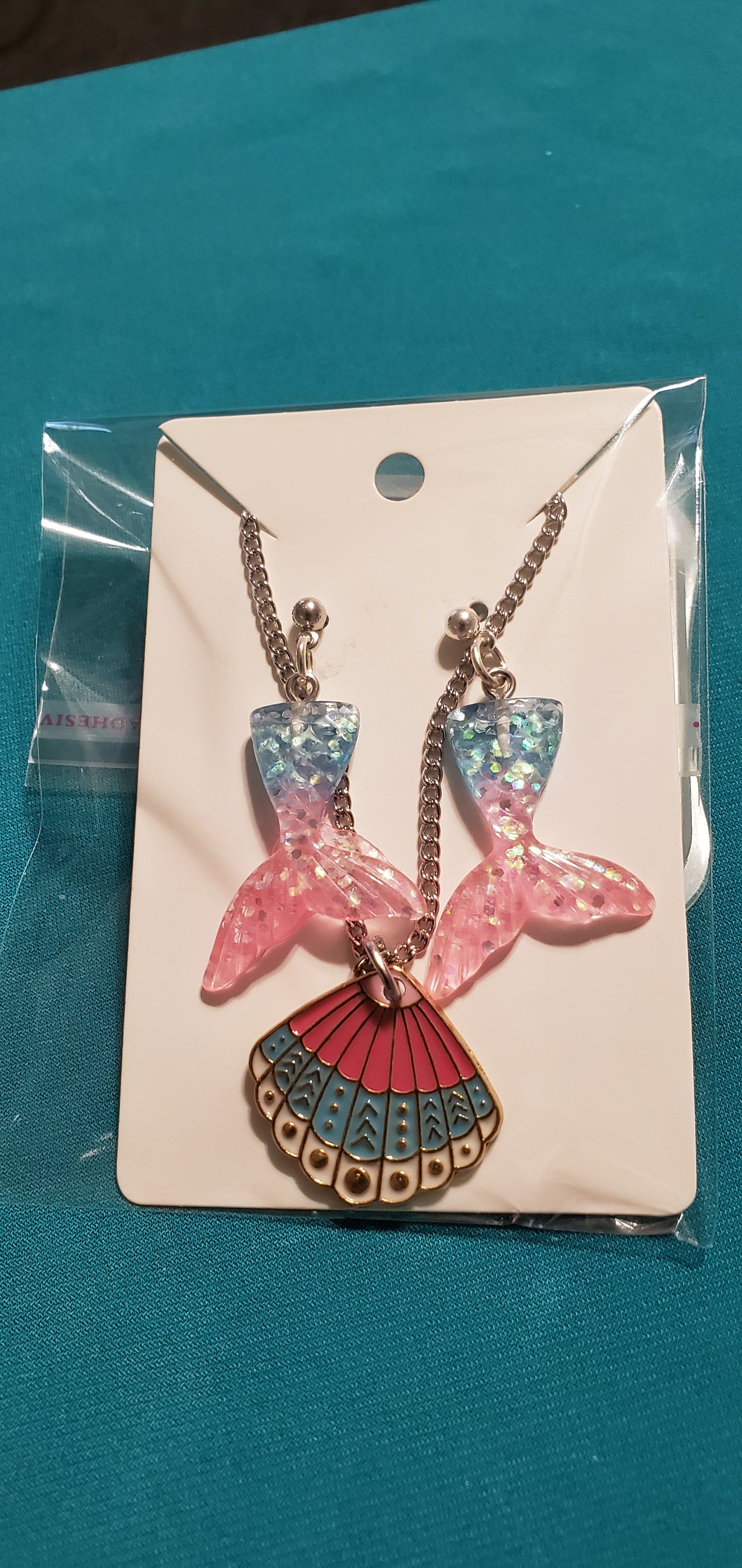 Pink and blue sea shell and mermaid tail earrings
