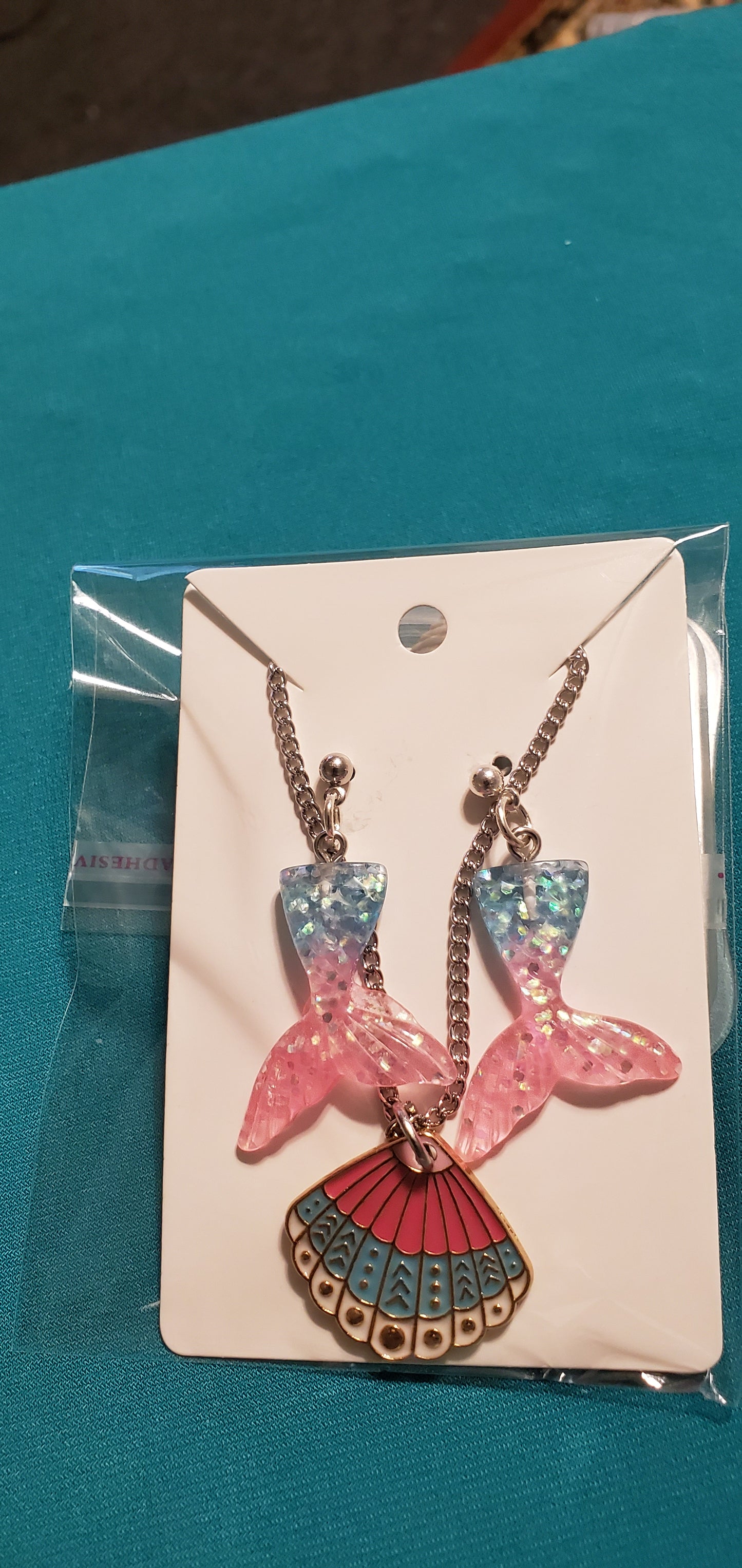 Pink and blue sea shell and mermaid tail earrings