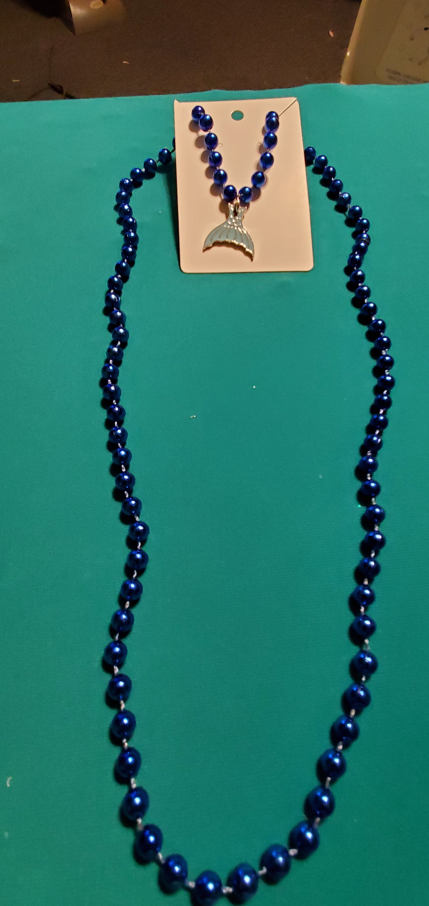 Mermaid tail on blue beaded necklace & earrings