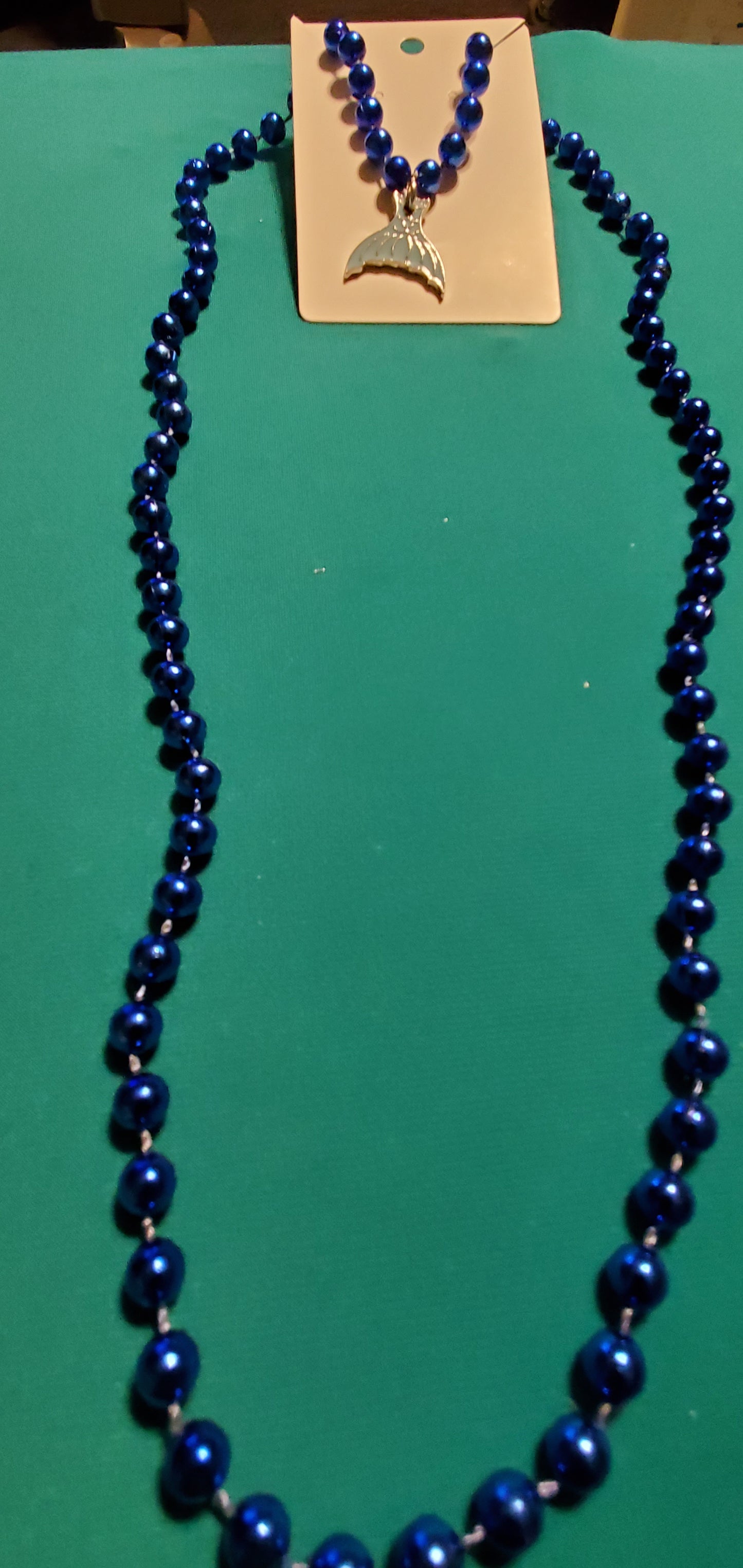 Mermaid tail on blue beaded necklace & earrings