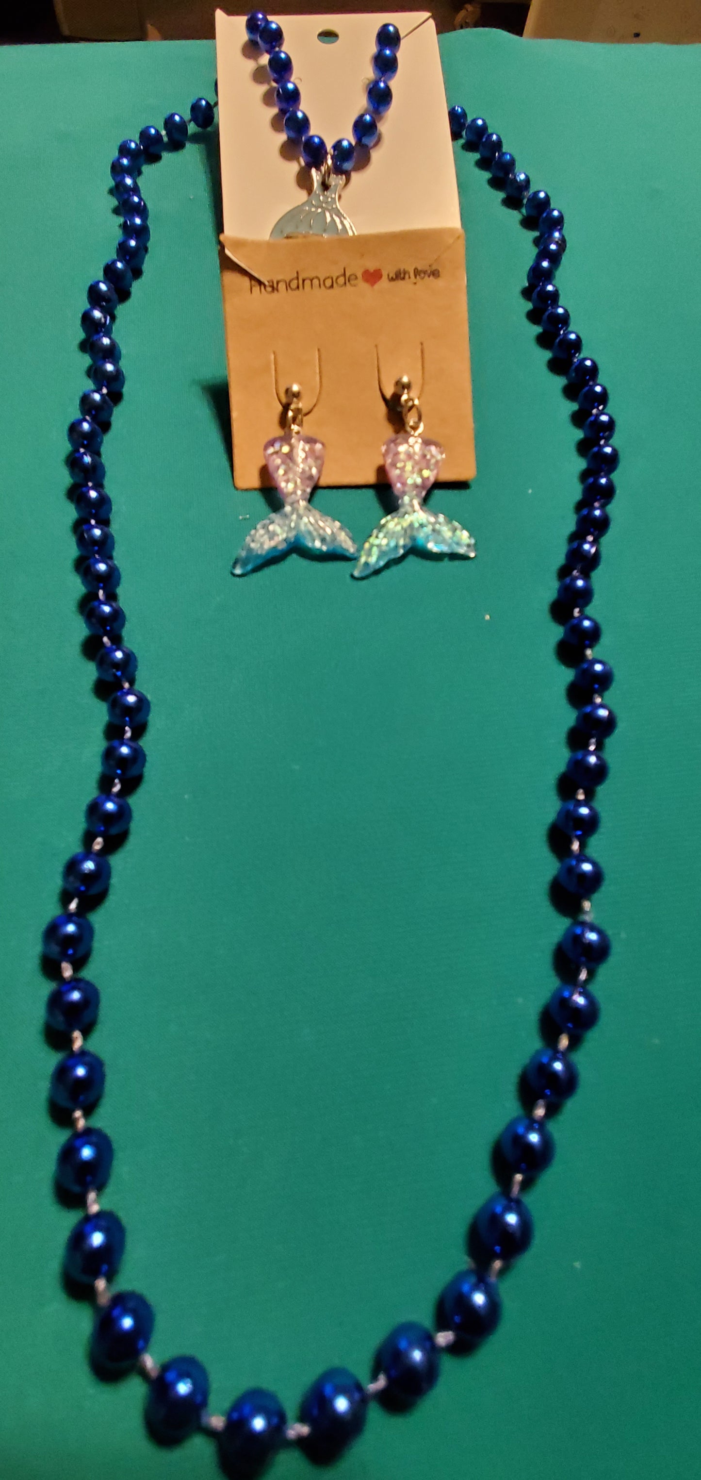 Mermaid tail on blue beaded necklace & earrings