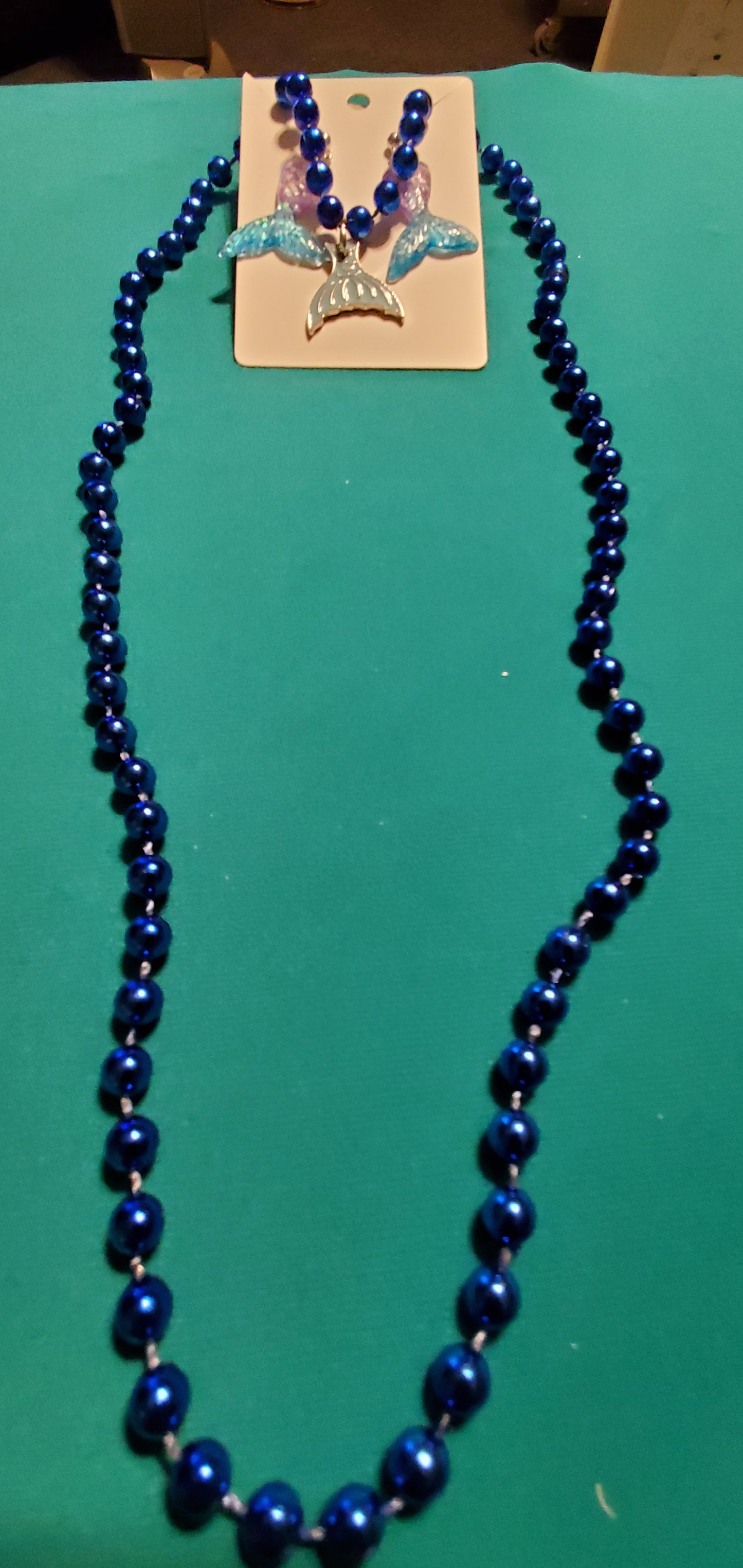 Mermaid tail on blue beaded necklace & earrings