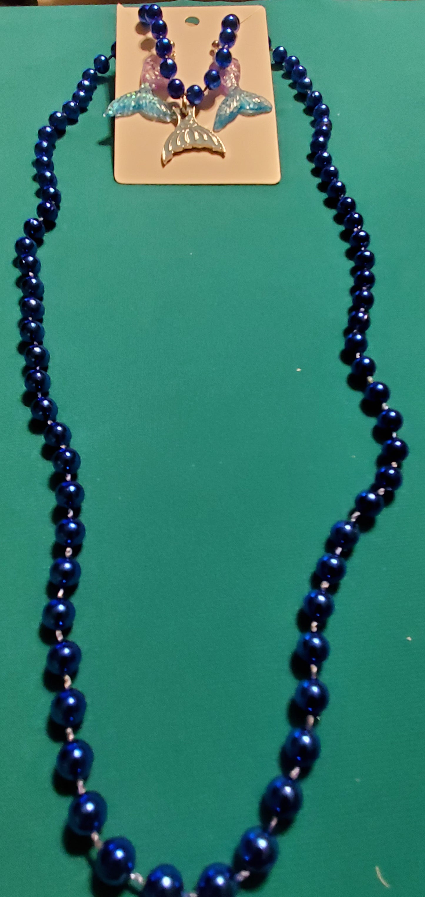 Mermaid tail on blue beaded necklace & earrings