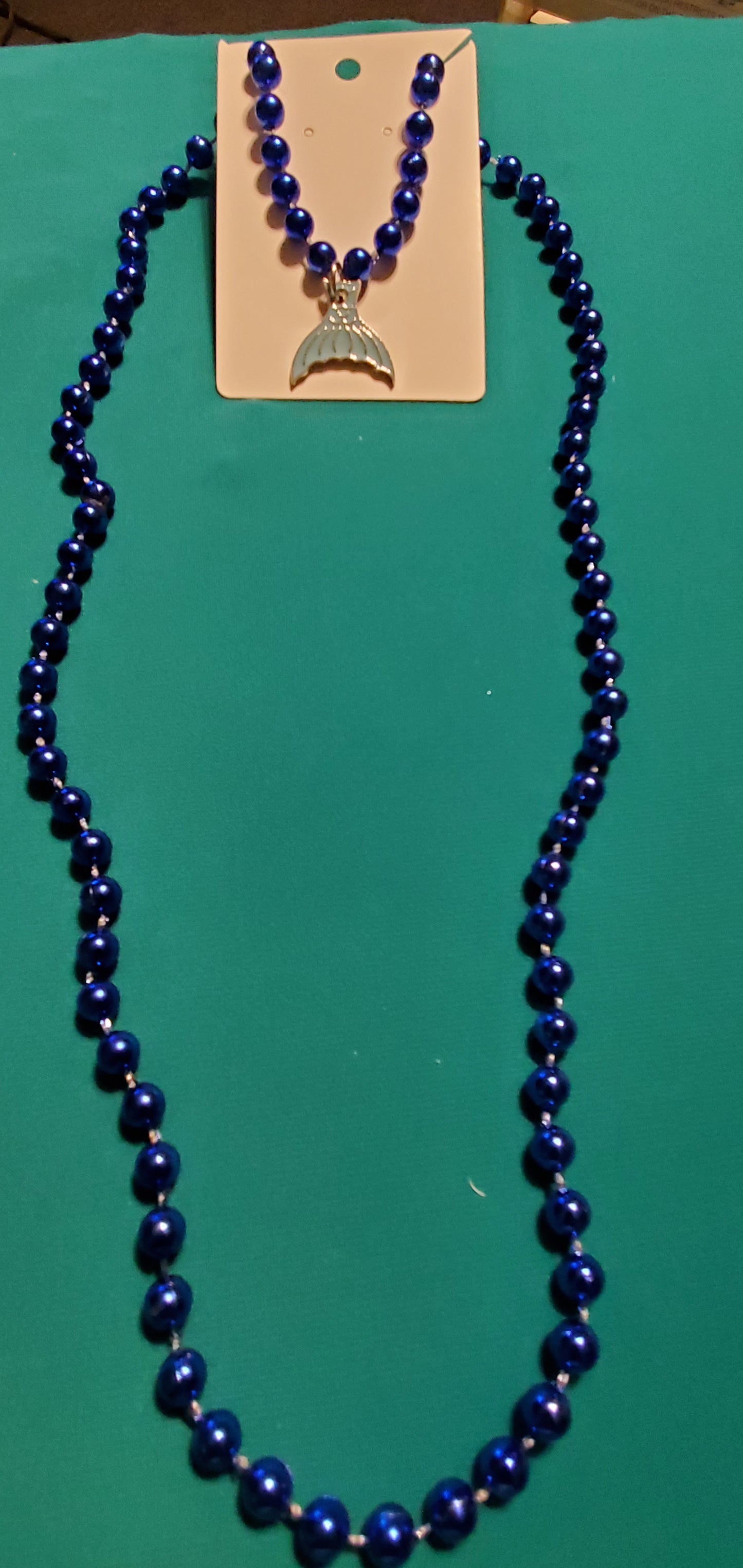 Mermaid tail on blue beaded necklace & earrings