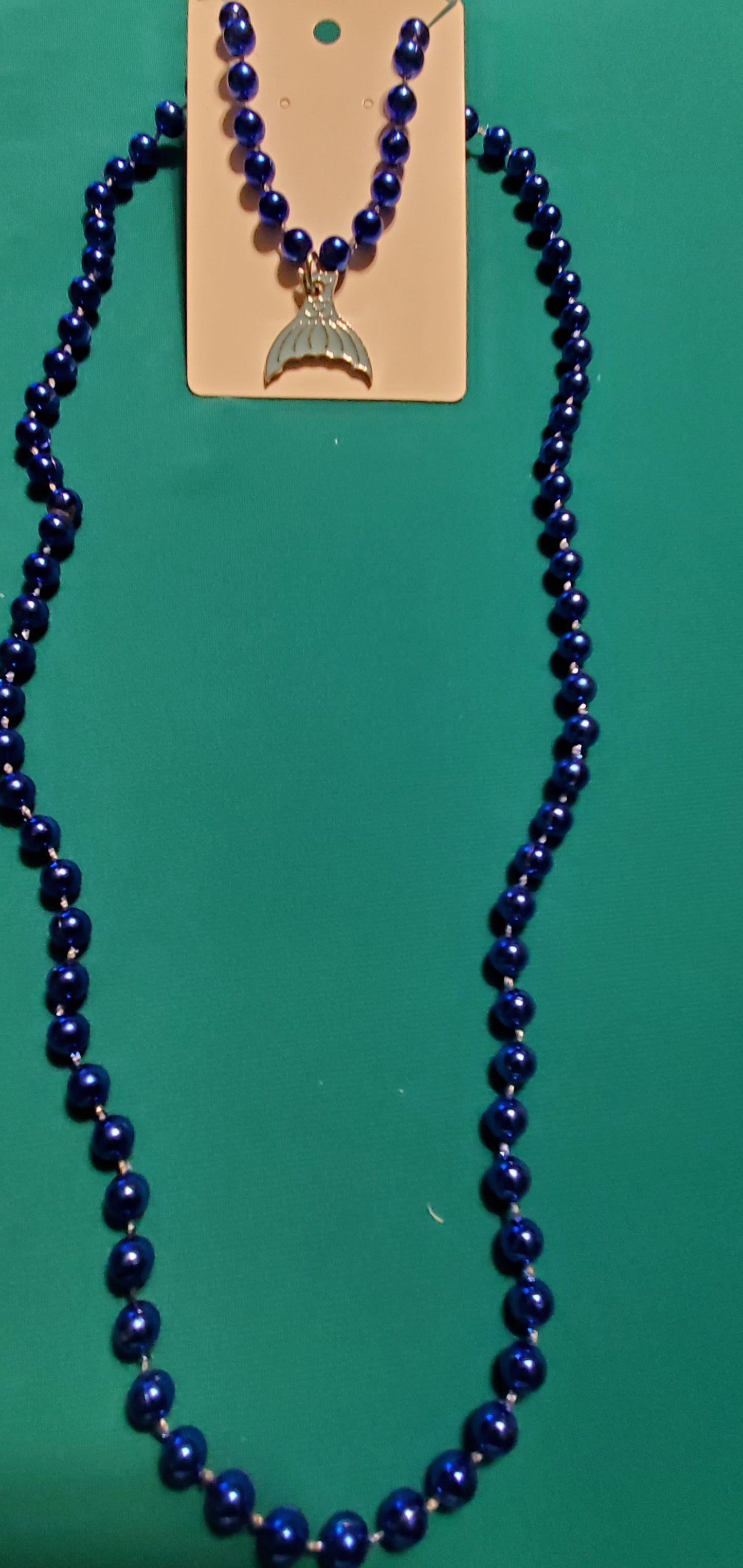 Mermaid tail on blue beaded necklace & earrings