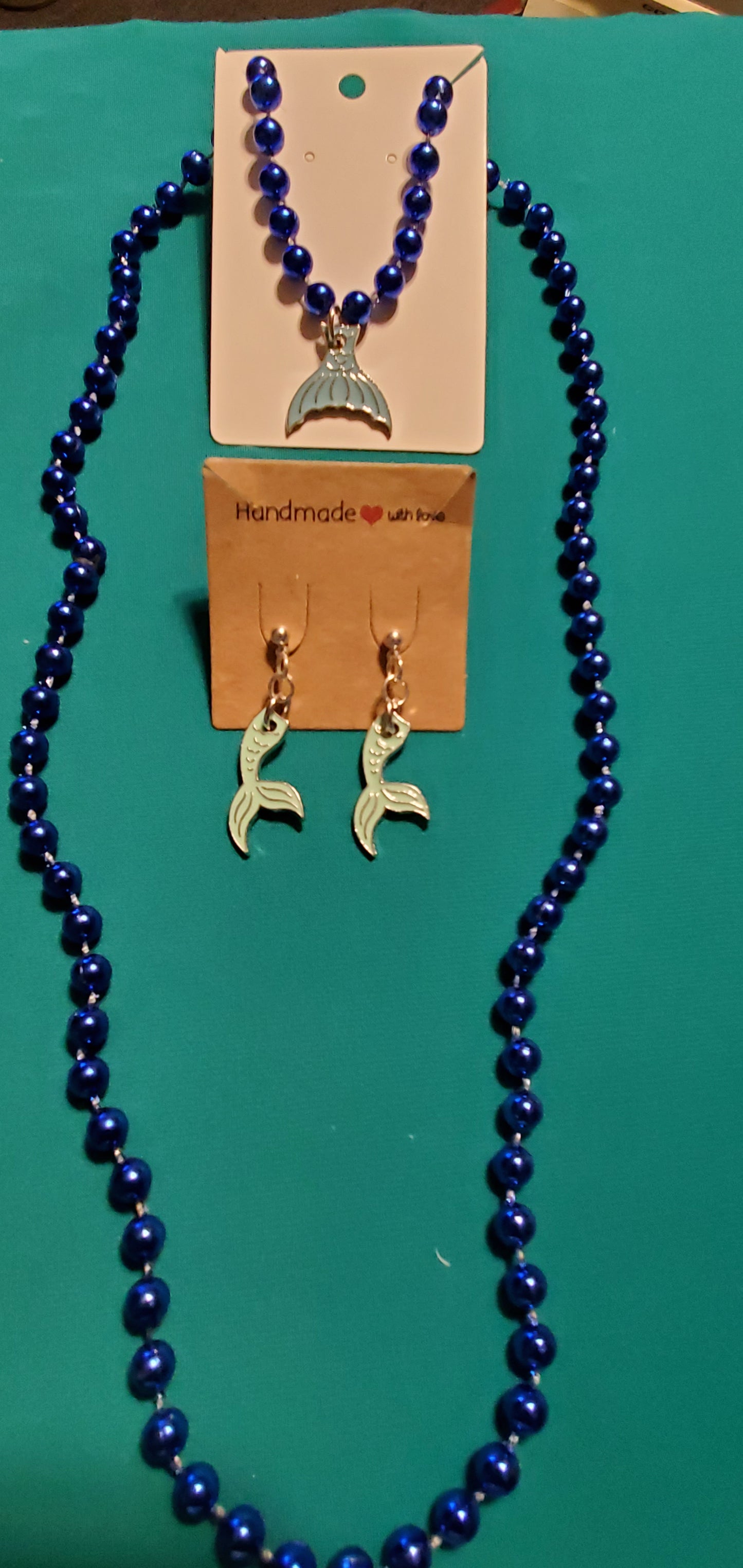 Mermaid tail on blue beaded necklace & earrings
