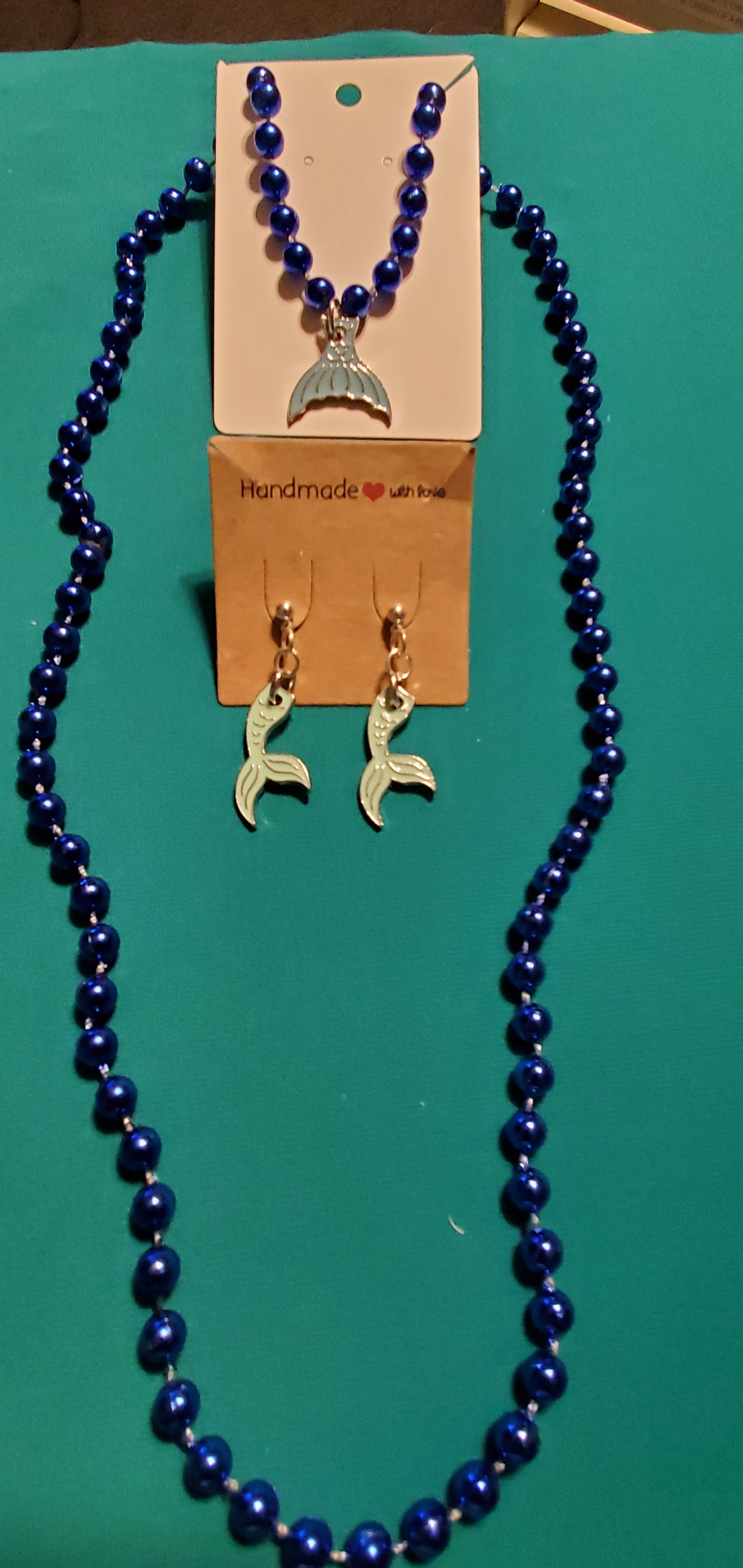 Mermaid tail on blue beaded necklace & earrings