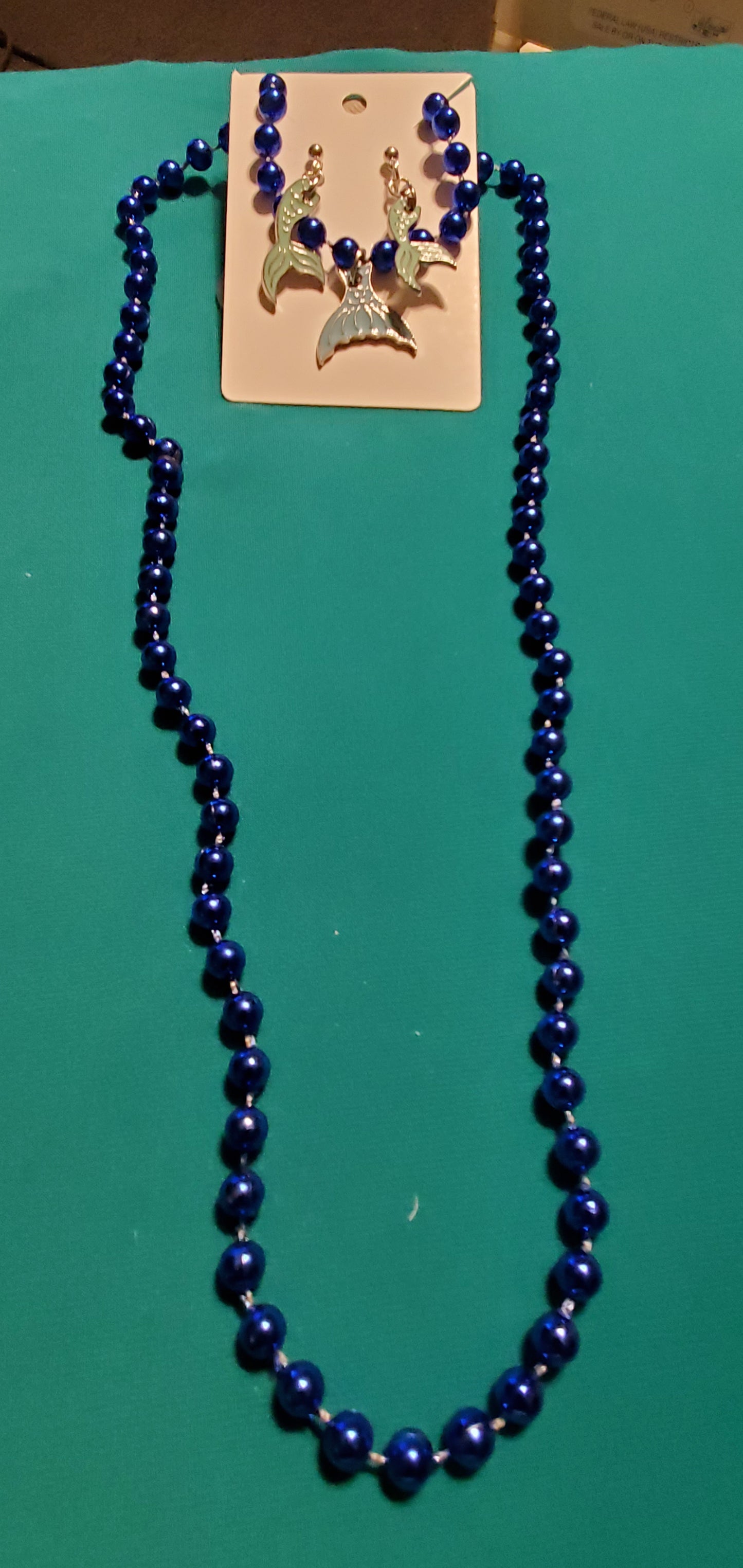 Mermaid tail on blue beaded necklace & earrings