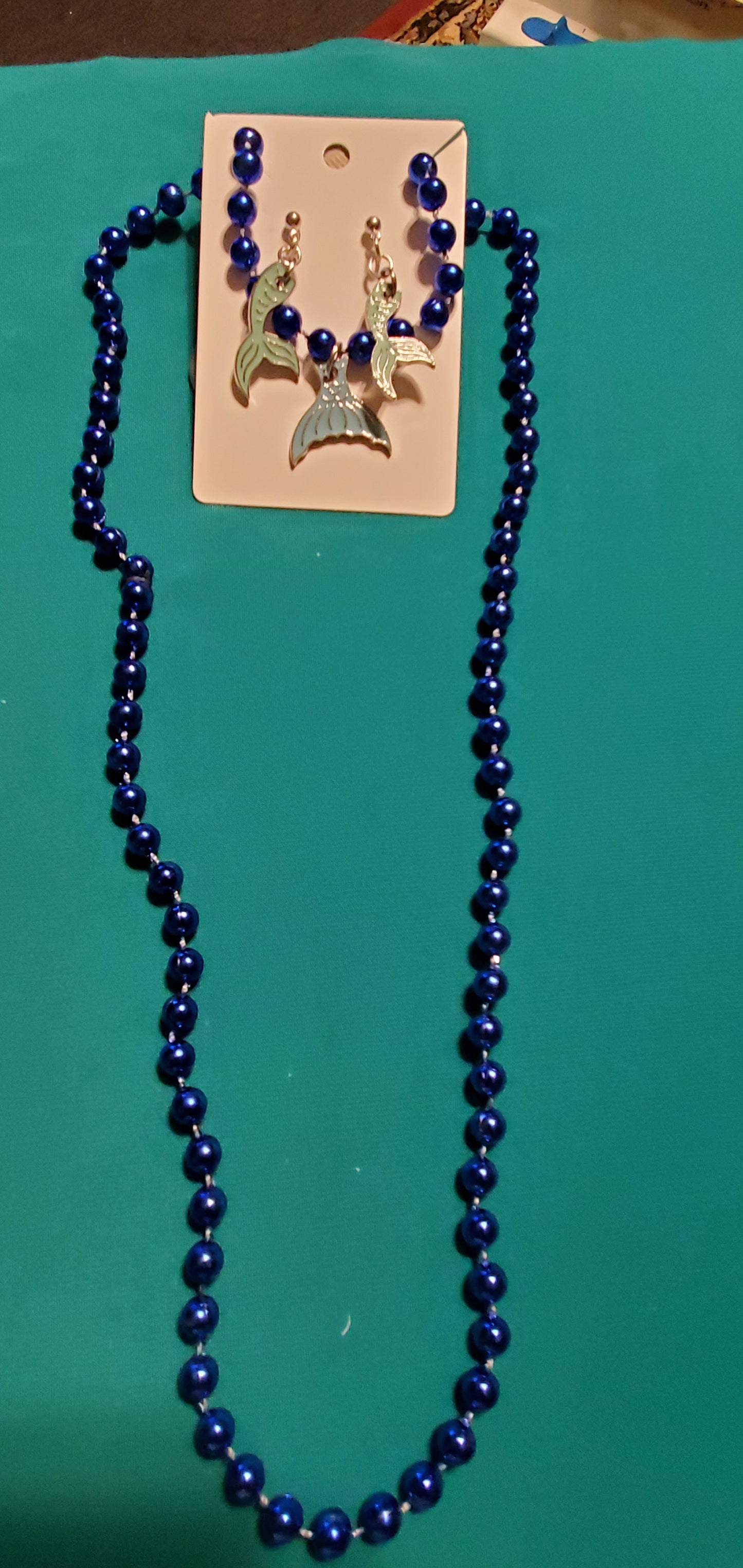 Mermaid tail on blue beaded necklace & earrings