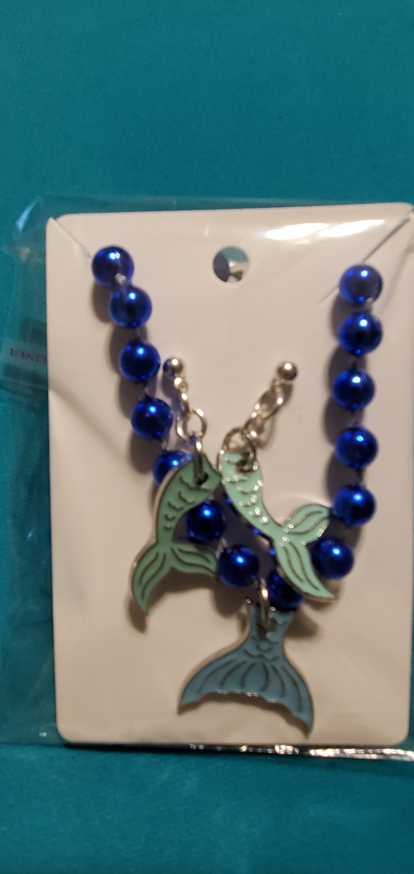 Mermaid tail on blue beaded necklace & earrings