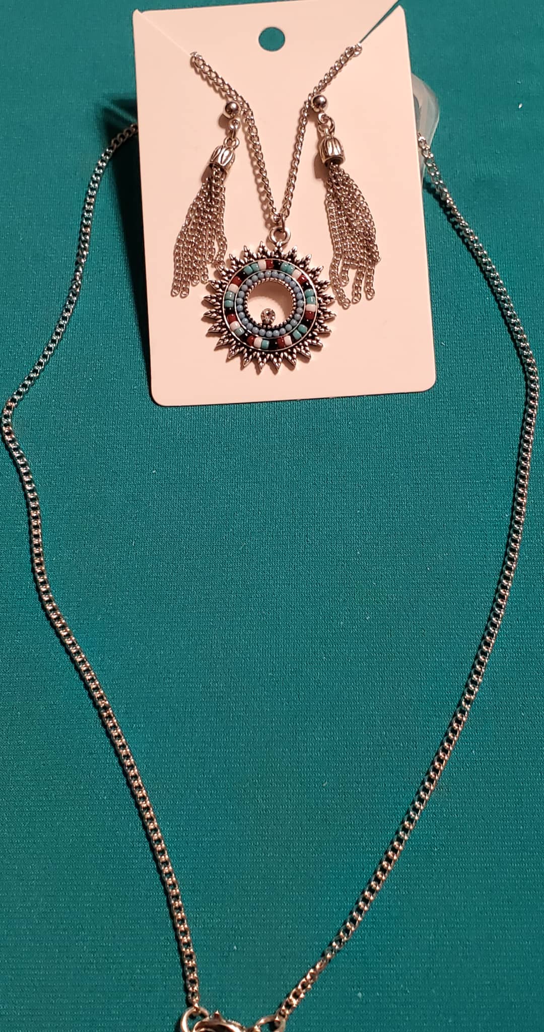 Indian beads charm on a stainless steel silver plated necklace & silver plated chain earrings