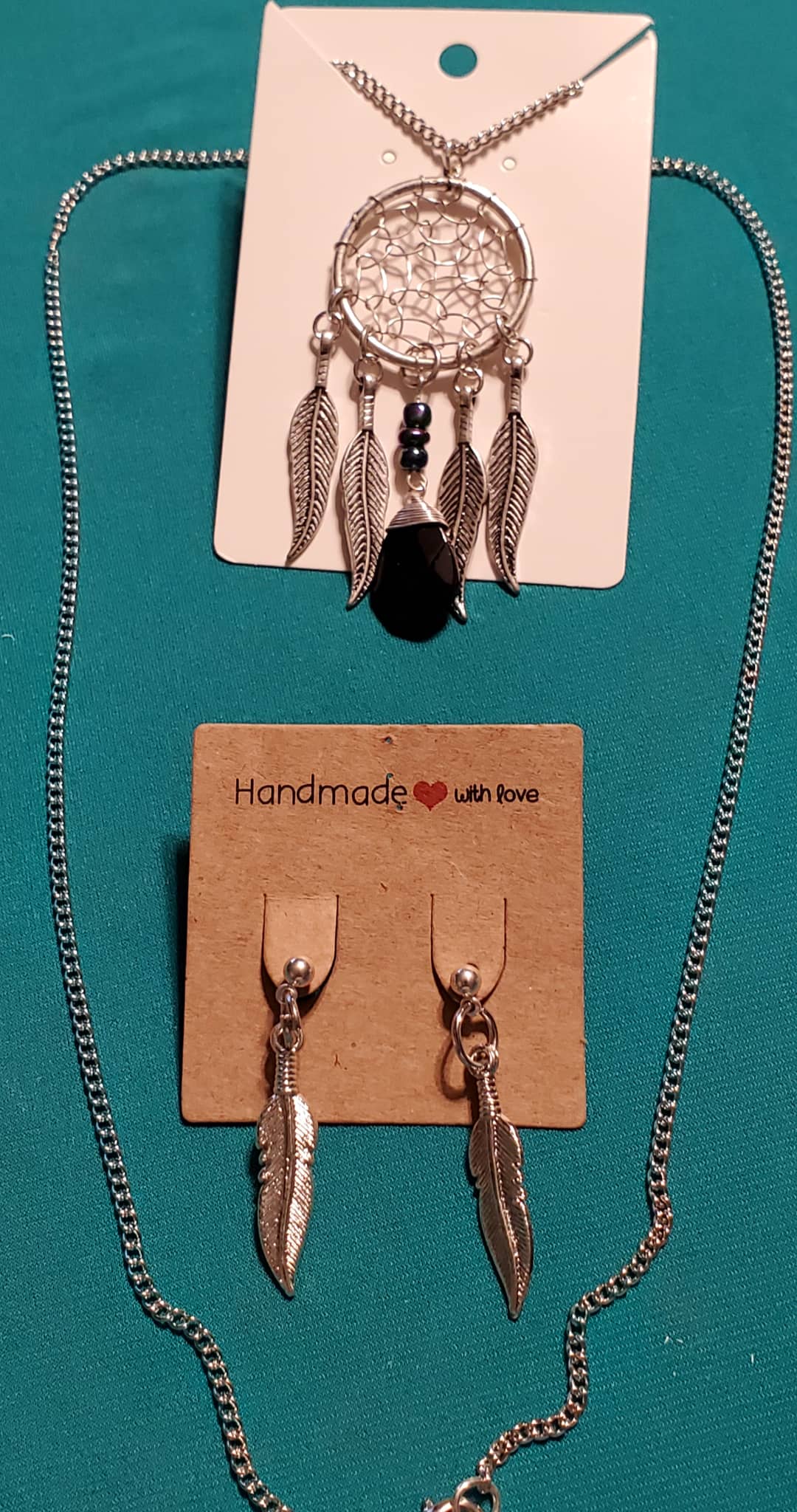 Stainless steel silver plated Dream catcher's necklace and feather earrings