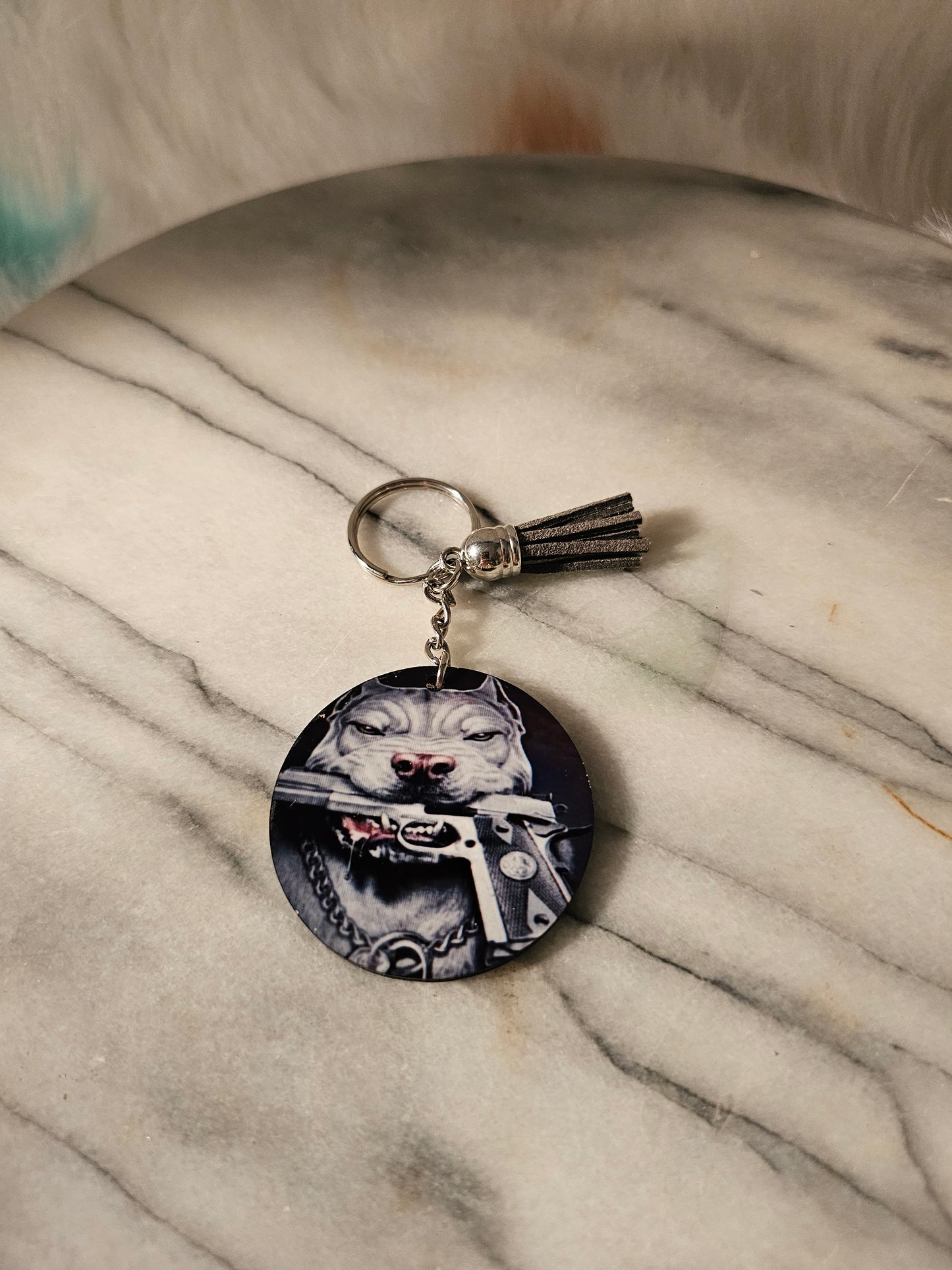 2 inch sublimation Pitbull with gun Keychain
