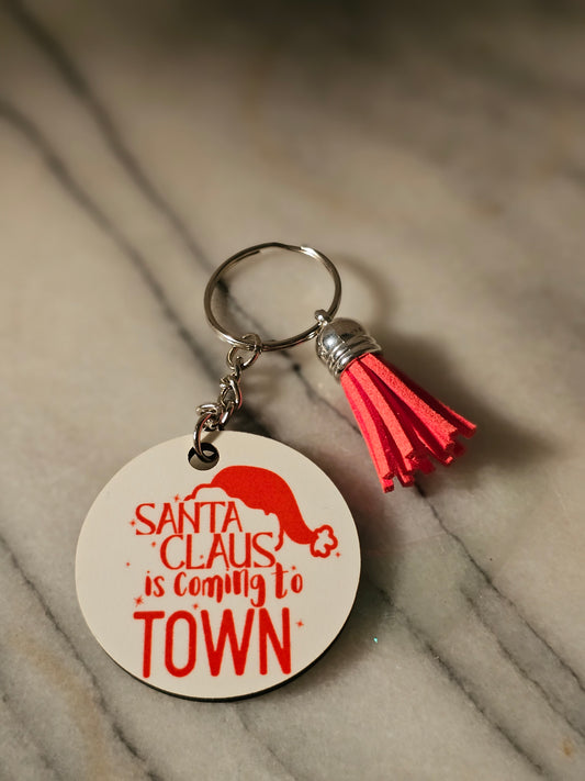 2 inch sublimation Santa is coming town Keychain.