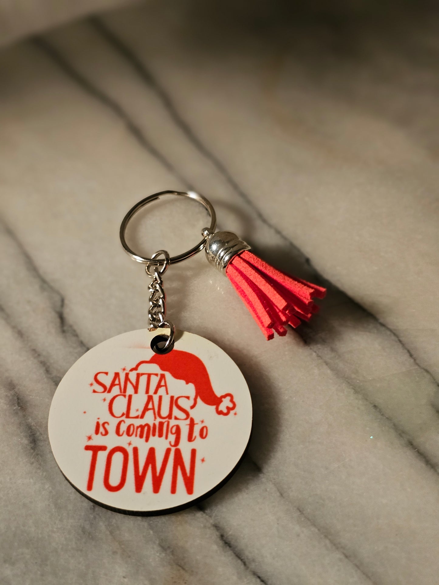 2 inch sublimation Santa is coming town Keychain.