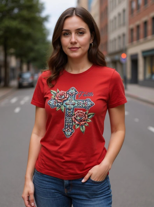 Size 3x 100% cotton Red shirt with cross and roses