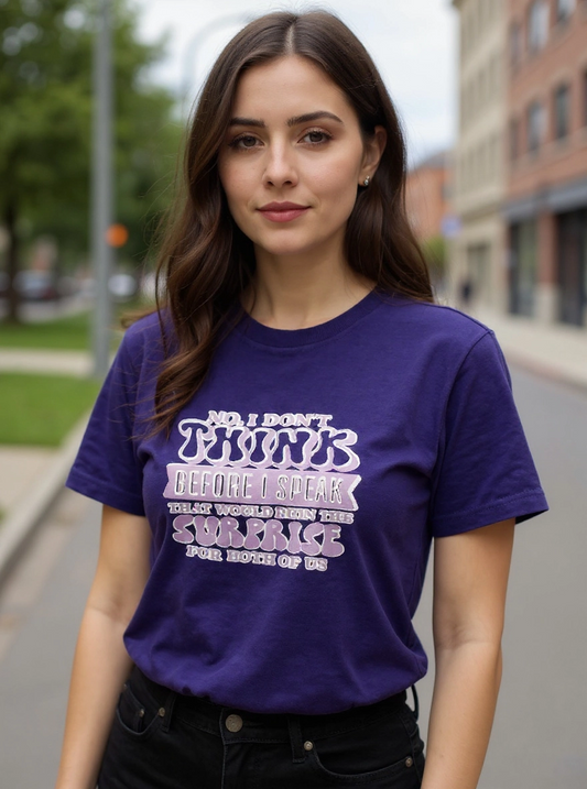 Size M 100% cotton Purple No I don't think Tshirt