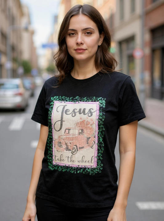 Size M 100% cotton black Jesus take the wheel Tshirt