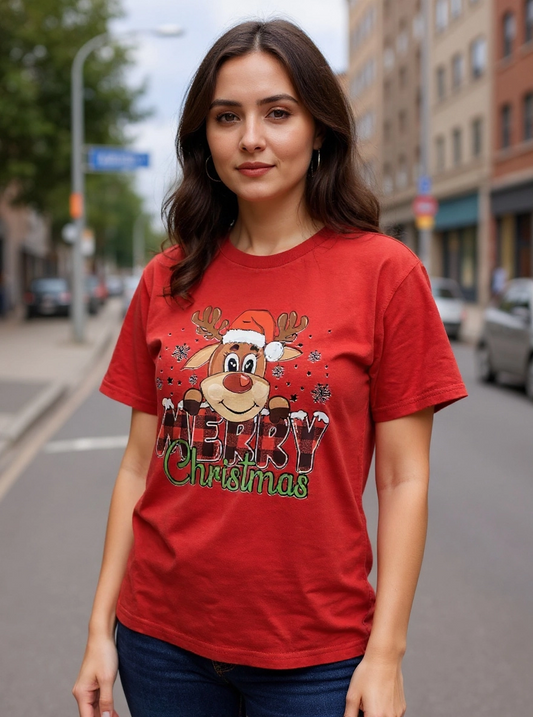 Size XL 100% cotton Red Merry Christmas with Santa's deer Tshirt