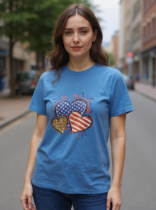 Size S 50% cotton 50%polyester Blue shirt with hearts
