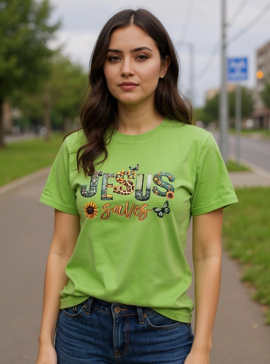Size M 100% cotton light green Jesus saves Tshirt