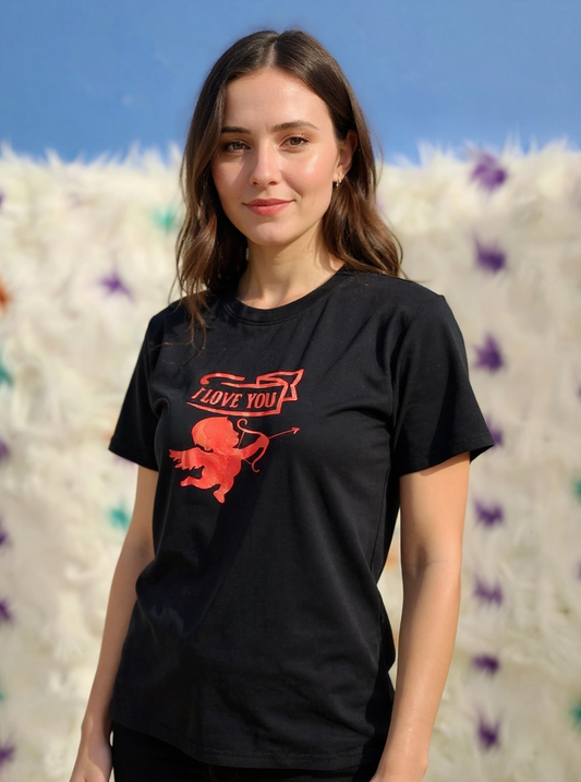 Size S 100% cotton black I love you cupid arrow tshirt