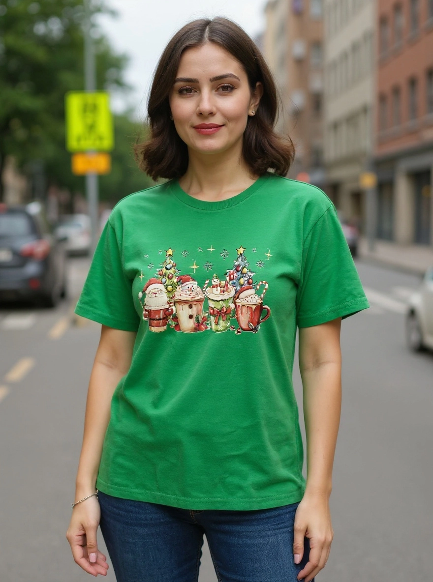Size L 100% cotton Green coffee cups and Christmas trees Tshirt
