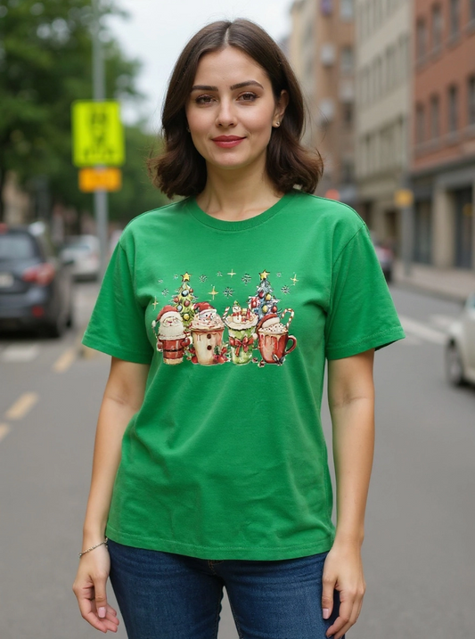 Size L 100% cotton Green coffee cups and Christmas trees Tshirt