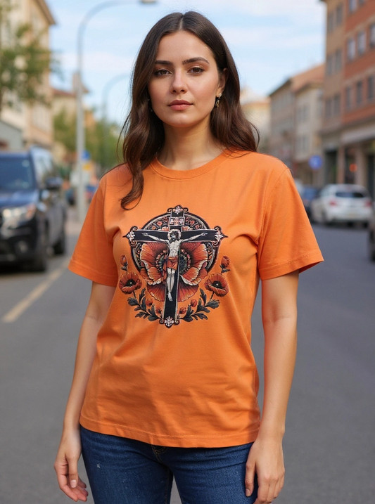 Size XL 100% cotton Orange Jesus on cross Tshirt