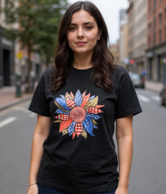 Size M 100% cotton Black shirt with red & blue flower Tshirt