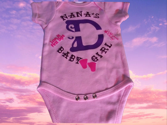 Size 0-3 months 100% cotton Pink Personalized baby girl's Oneies with the letter D and name in the middle.