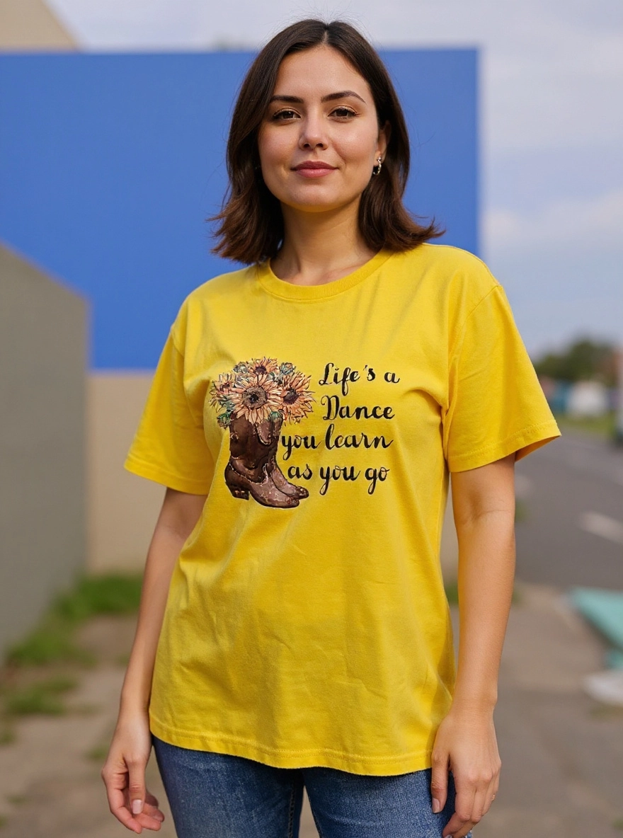 Size 2x 100%cotton yellow Life's a Dance you learn as you go Tshirt