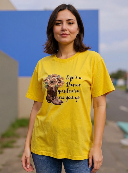 Size 2x 100%cotton yellow Life's a Dance you learn as you go Tshirt