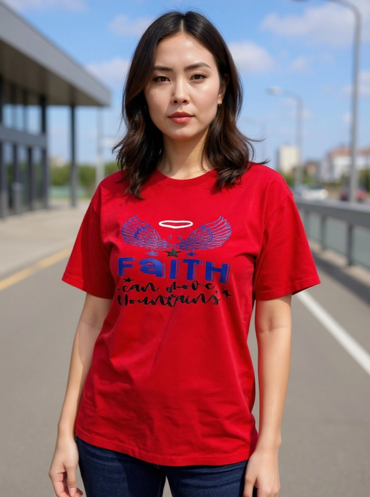 Size XL 100% cotton red Faith can move mountains tshirt