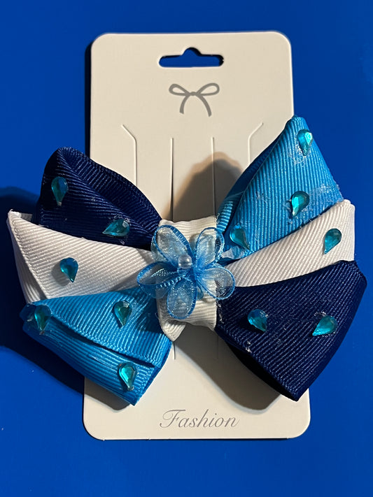 Dark blue,light blue and white hair bow with little blue gems