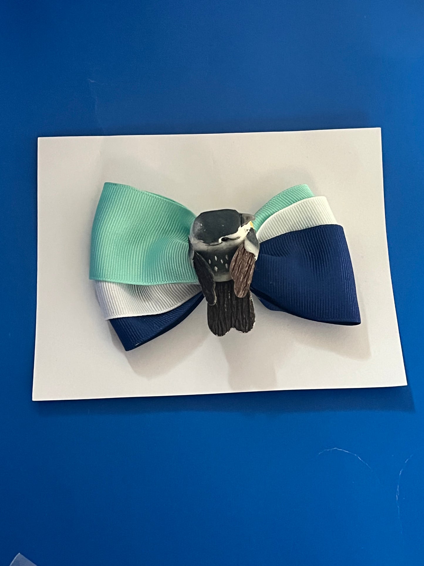 Green ,white and blue little bird hair bow