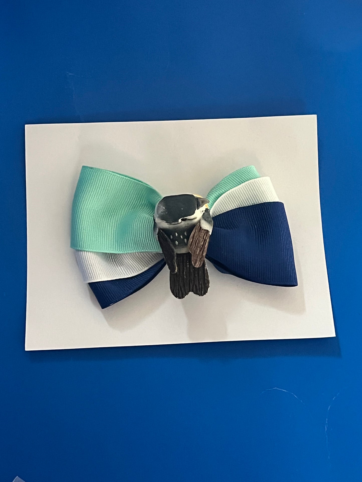Green ,white and blue little bird hair bow