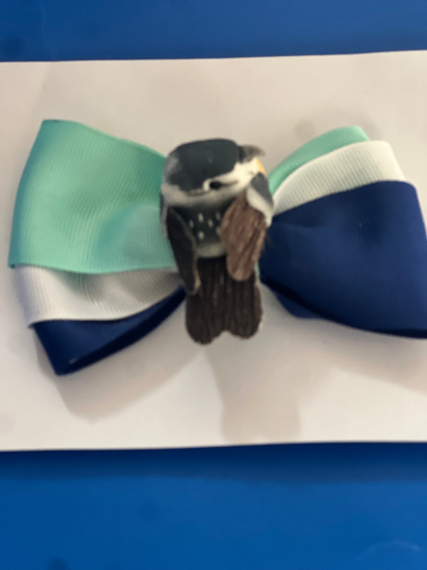 Green ,white and blue little bird hair bow