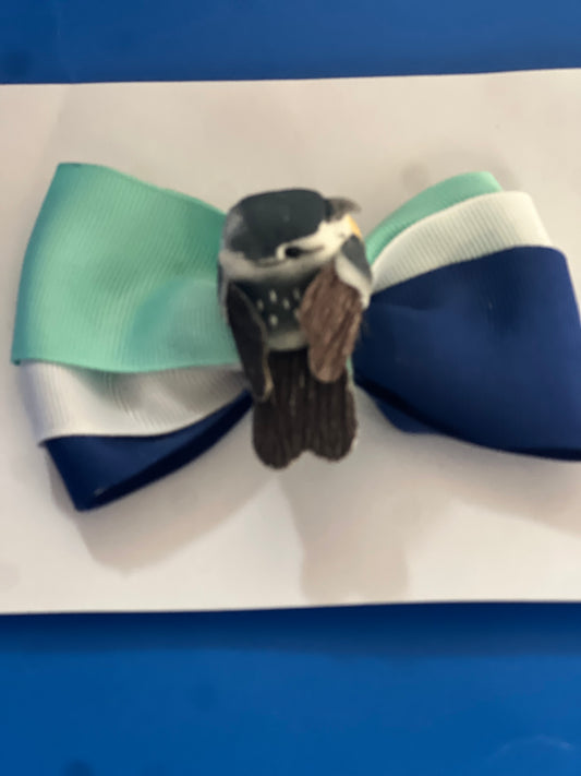 Green ,white and blue little bird hair bow